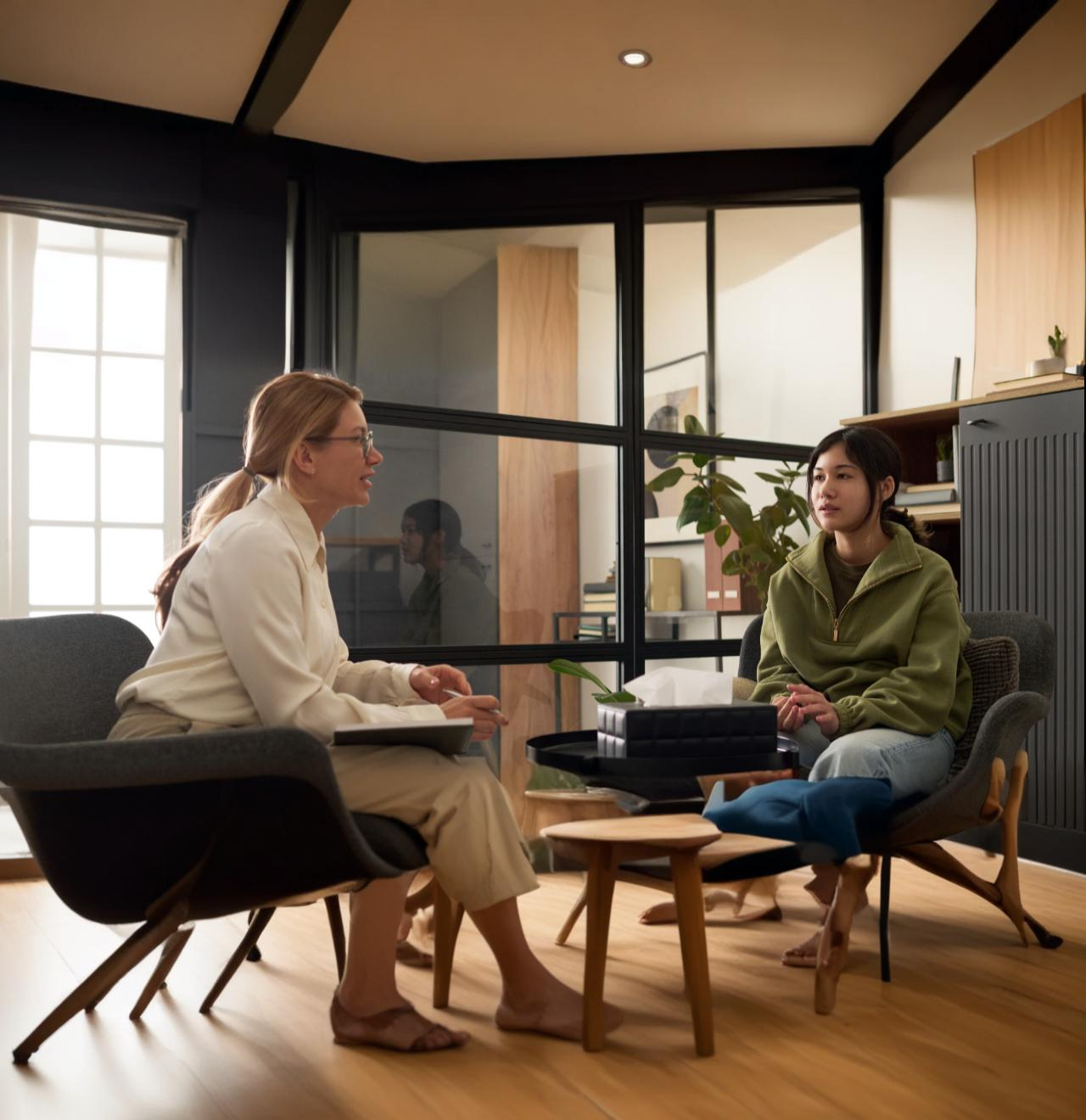 Professional therapy session in a bright, modern office